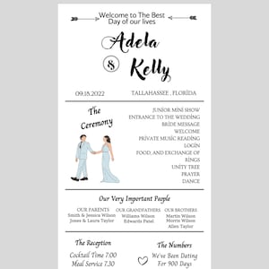 May include: A wedding invitation featuring a black and white illustration of a couple holding hands. The invitation includes the names Adela and Kelly, the date 09.18.2022, and the location Tallahassee, Florida. The invitation also includes details about the ceremony and reception, including the time and location of each event.