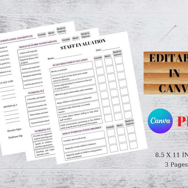 Daycare Staff Evaluation, editable on CANVA Child Care Center Employee Self-Assessment Form