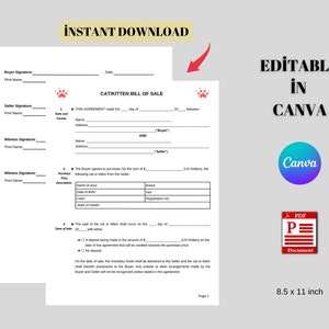 Modulo stampabile per fattura di vendita di gatti/gattini, modello modificabile in Canva, download digitale