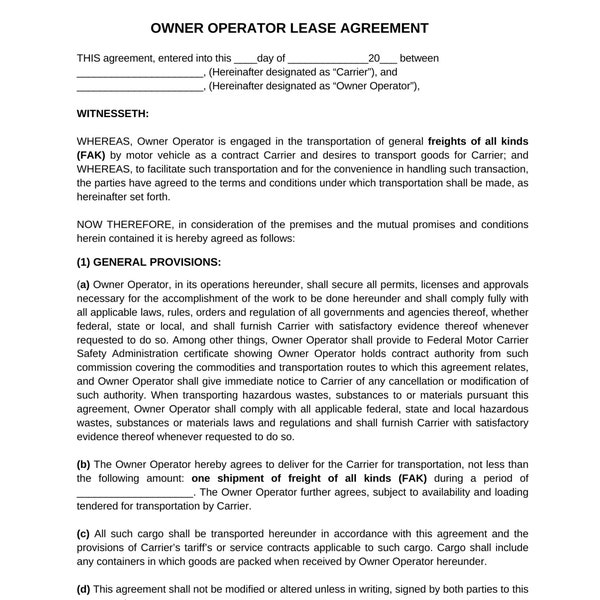 Printable Truck Owner Operator Lease Agreement, Editable in canva Owner Operator Lease Agreement Template