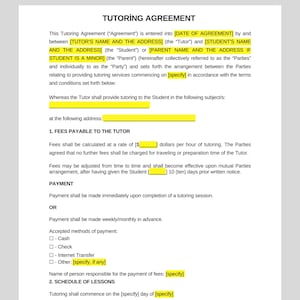 Tutor Contract, Printable Private Tutoring Contract Template, Teacher Tutoring Form, editable in on canva and word