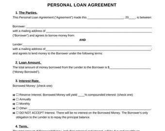 Printable Personal Loan Agreement, Editable Personal Loan Contract Template