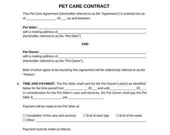 Plantilla de contrato de cuidado de mascotas editable (descarga digital)