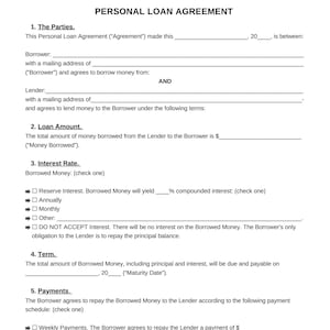 Printable Personal Loan Agreement, Editable Personal Loan Contract Template