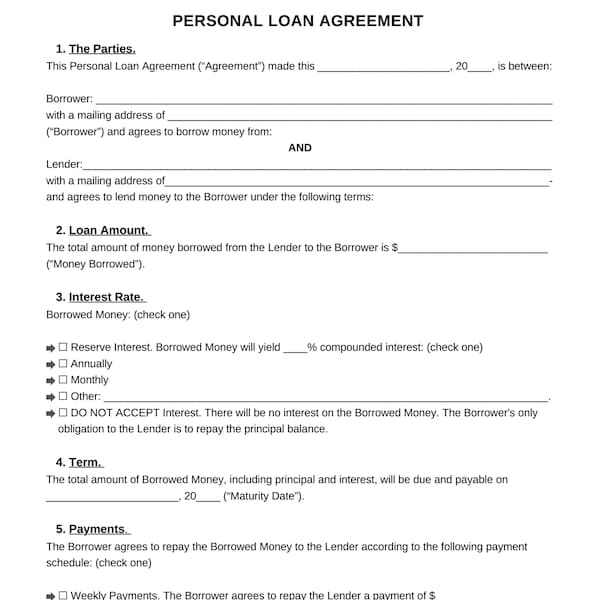 Printable Personal Loan Agreement, Editable Personal Loan Contract Template