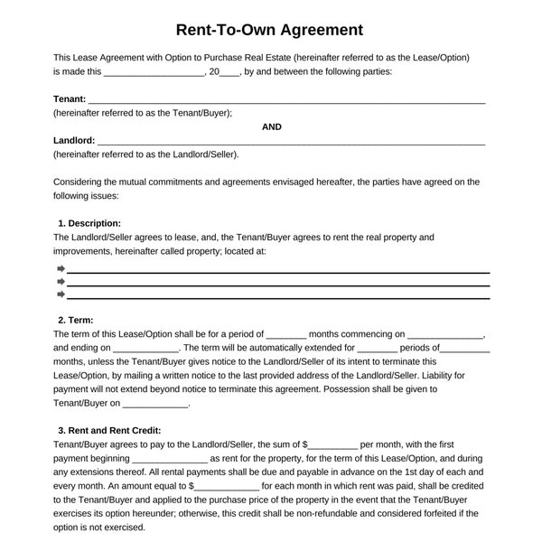 Printable Rent to Own Agreement, editable in canva Lease to Own Option Agreement