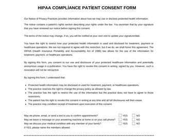 Pode incluir: Formulário de Consentimento do Paciente em Conformidade com a HIPAA. Este formulário descreve os direitos e responsabilidades dos pacientes e dos prestadores de cuidados de saúde em relação ao uso e divulgação de informações de saúde protegidas. Inclui seções sobre tratamento, pagamento, operações de saúde e o direito de revogar o consentimento.