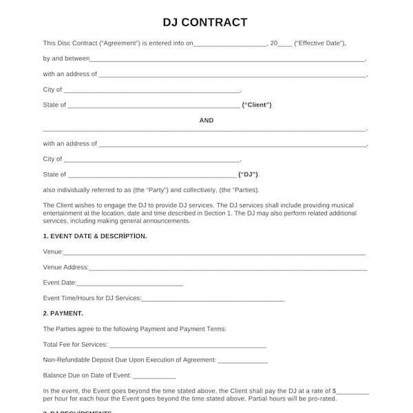 Printable DJ Contract, editable DJ Contract Template digital download