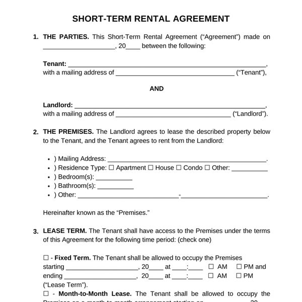 Printable Short term Rental Agreement, Editable Vacation Rental agreements, Short term Rental Template, Landlord contract digital download