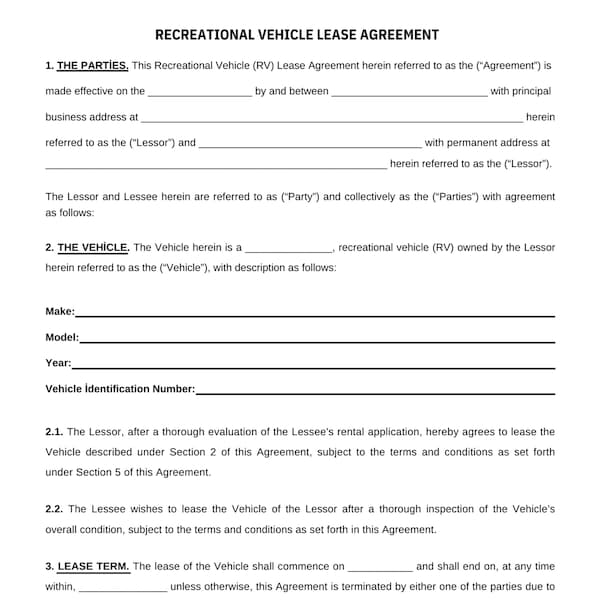 Printable RV Rental Agreement, Short Term Rental RV Camper PDF digital download