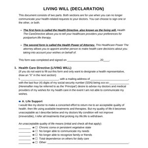 Printable Living Will Form, editable in canva Living Will Declaration, digital download