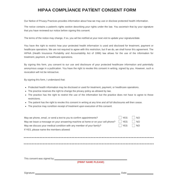 HIPAA Consent Form Template, Printable HIPAA Compliance Patient Consent Form, Medical Consent New Patient Form Digital Download