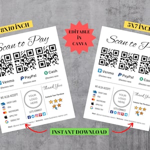 Einfacher bearbeitbarer Scan, um Karte zu bezahlen, druckbare QR-Code-Zeichenvorlage, für Geschäft, Venmo, paypal, Bargeld Zahlung digitaler Download