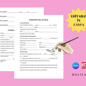 Puede incluir: Formulario de venta de perro/cachorro editable en Canva. El formulario incluye secciones para la fecha y las partes, el precio de compra y la descripción, y la fecha de venta. El formulario mide 8,5 x 11 pulgadas.