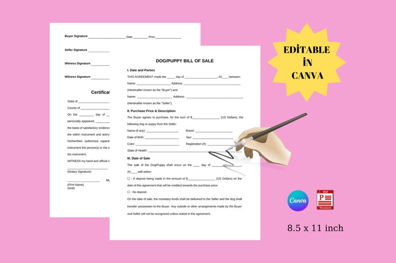 Dog Puppy Bill of Sale Form, Digital Download Etsy