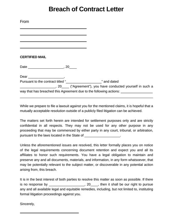 Printable Breach of Contract Template & Demand Letter (PDF)