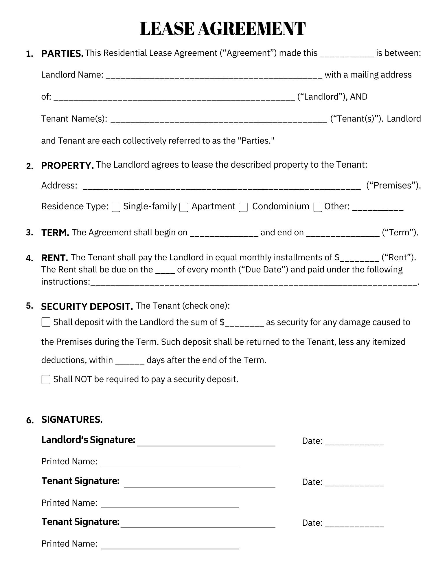 Rental Agreement, Simple One Page Lease Agreement, Printable Lease ...