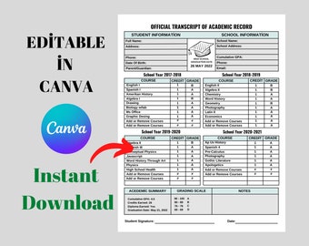Homeschool Transcript Template: Official High School Grades (Editable in CANVA)