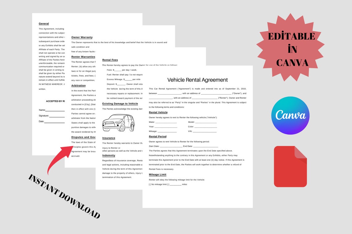 Printable Car Rental Agreement, Vehicle Rental Agreement Editable in ...