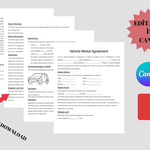 Printable Car Rental Agreement, Vehicle Rental Agreement Editable in ...