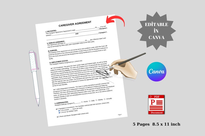 Printable Caregiver Contract, Editable Caregiver Agreement Template ...