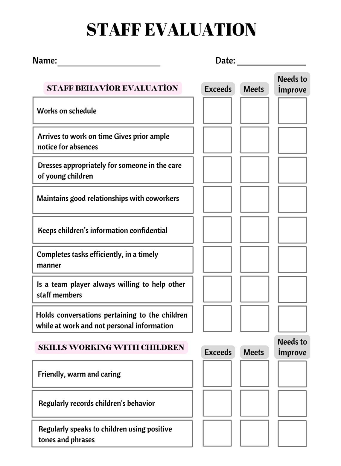 Daycare Staff Evaluation, Editable on CANVA Child Care Center Employee Daycare Staff Evaluation, Editable on CANVA Child Care Center Employee