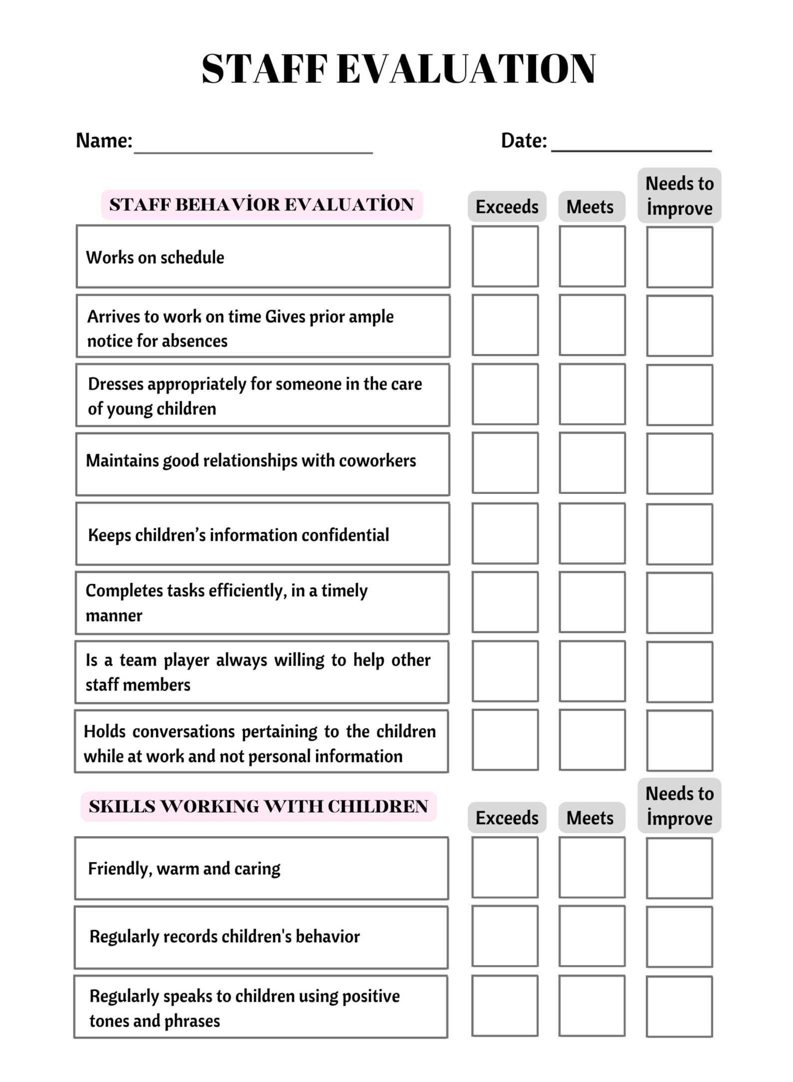 Daycare Staff Evaluation Editable On CANVA Child Care Center Employee 