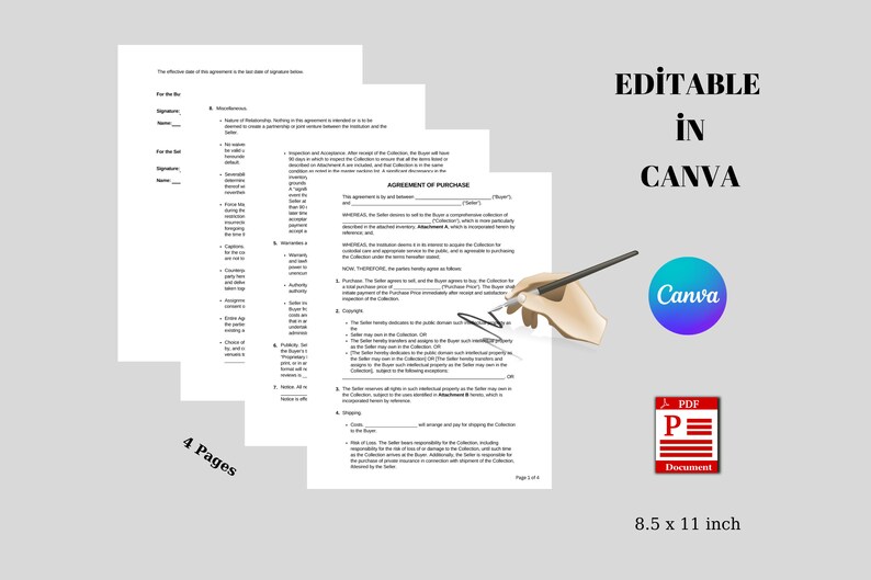 May include: Editable agreement of purchase template for a collection of items. The document is designed for use with the Canva platform. The text on the document reads "Agreement of Purchase".