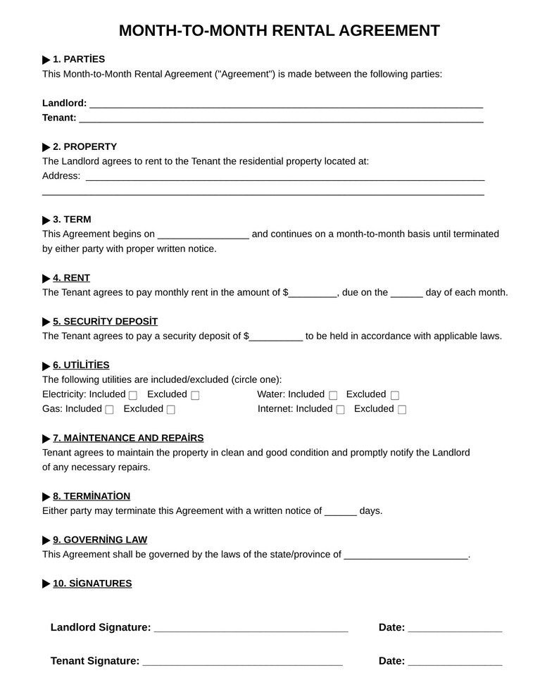 Month to Month Lease Template Printable Editable Rental Agreement