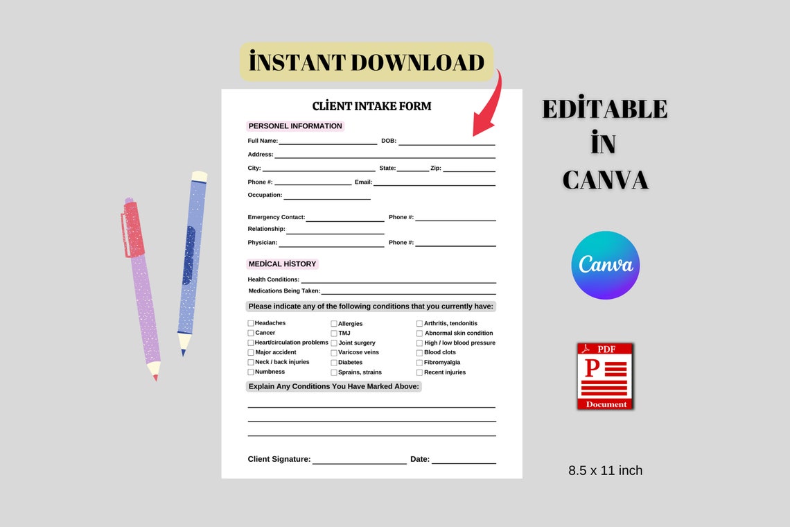 Printable Customer Acceptance Form, Editable Client Intake Form Printable Customer Acceptance Form, Editable Client Intake Form