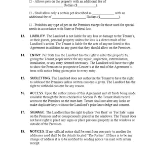 May include: A legal document outlining the terms of a lease agreement between a landlord and tenant. The document covers topics such as pets, liability, entry, subletting, access, signage, and notices.