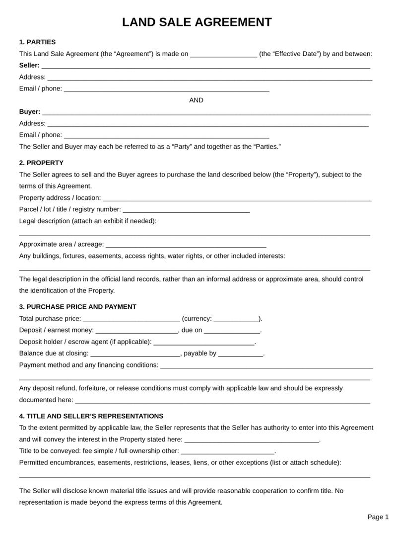 Printable Land Sale Agreement Template, Editable Land Purchase Contract ...