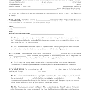 Printable RV Rental Agreement, Short Term Rental RV Camper PDF digital download