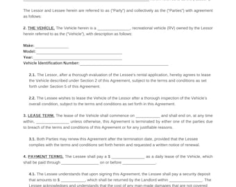 Printable RV Rental Agreement: Short Term Camper Lease (PDF Digital Download)