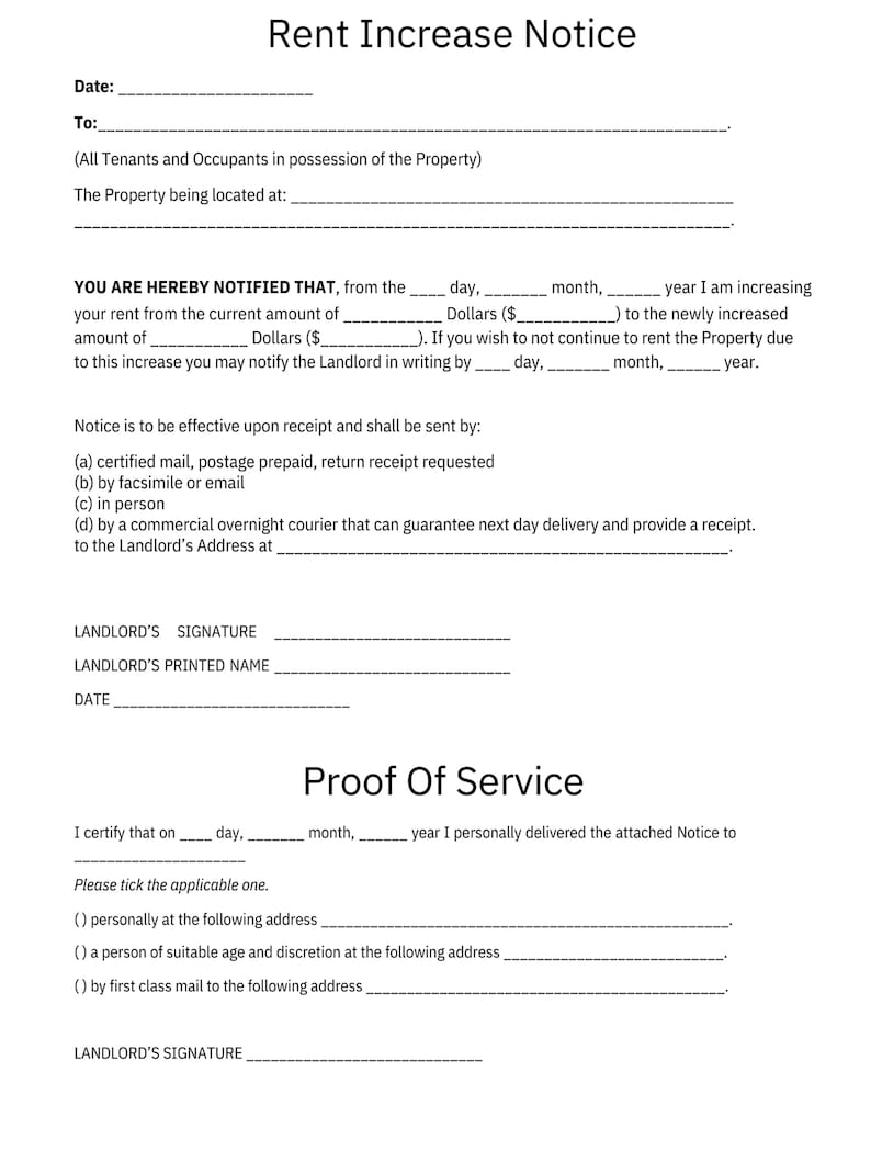 Rent Increase Notice, Rent Increase Form Edit in WORD Download - Etsy