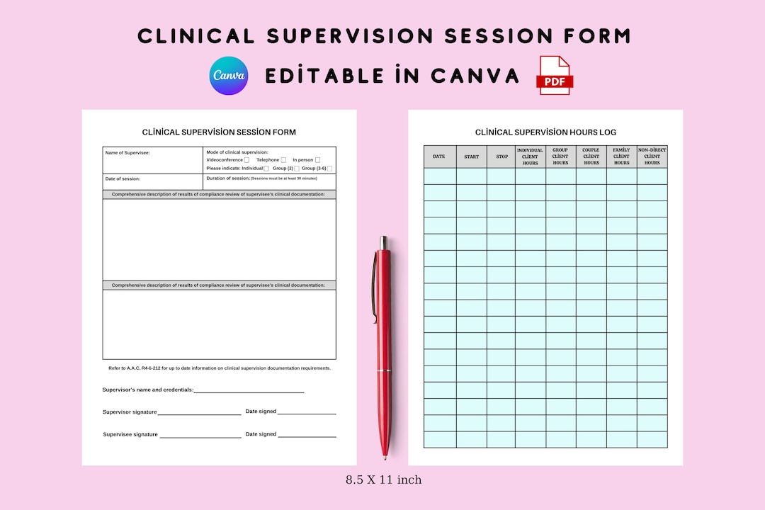 Printable Clinical Supervision Session Form and Hours Log, Editable ...