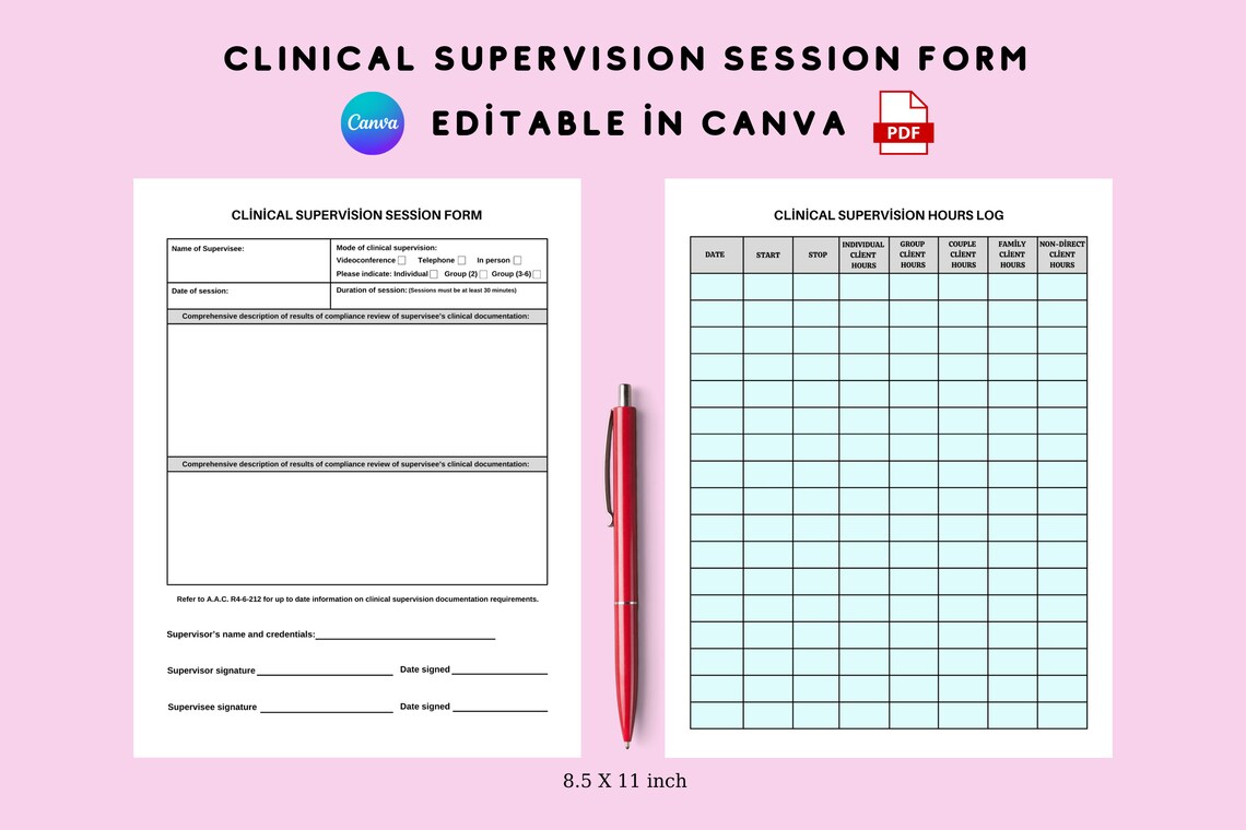 Printable Clinical Supervision Session Form and Hours Log, Editable Printable Clinical Supervision Session Form and Hours Log, Editable