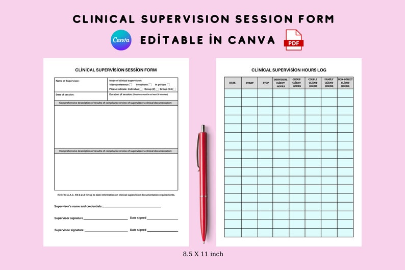 Printable Clinical Supervision Session Form and Hours Log, Editable Printable Clinical Supervision Session Form and Hours Log, Editable