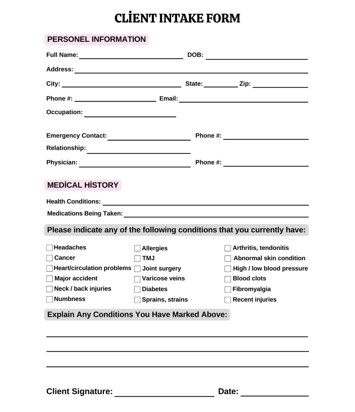 Printable Customer Acceptance Form, Editable Client Intake Form Printable Customer Acceptance Form, Editable Client Intake Form