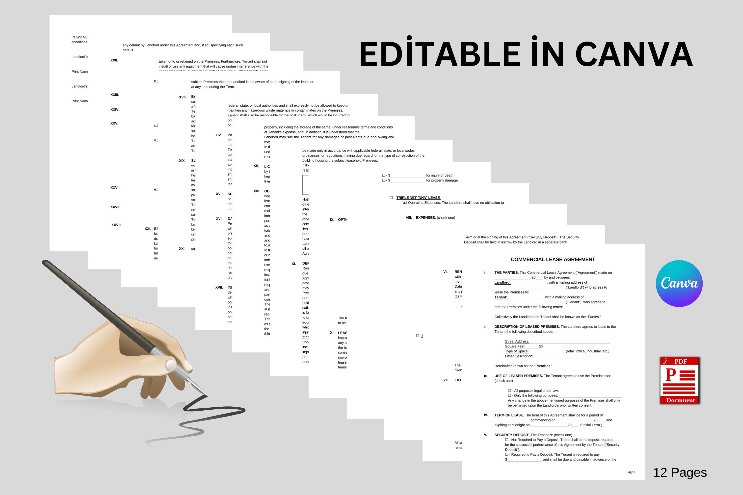 Printable commercial lease agreement editable in canva commercial