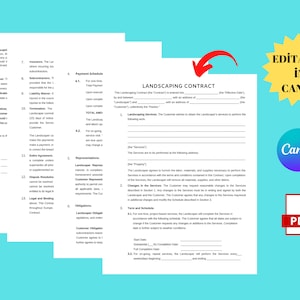 Op de afbeelding: Bewerkbare landschapscontracttemplate in Canva. Het contract bevat secties voor diensten, betalingsschema, verklaringen, verplichtingen en be&euml;indiging. Het document is ontworpen voor gebruik met een computer en kan worden aangepast aan specifieke behoeften.