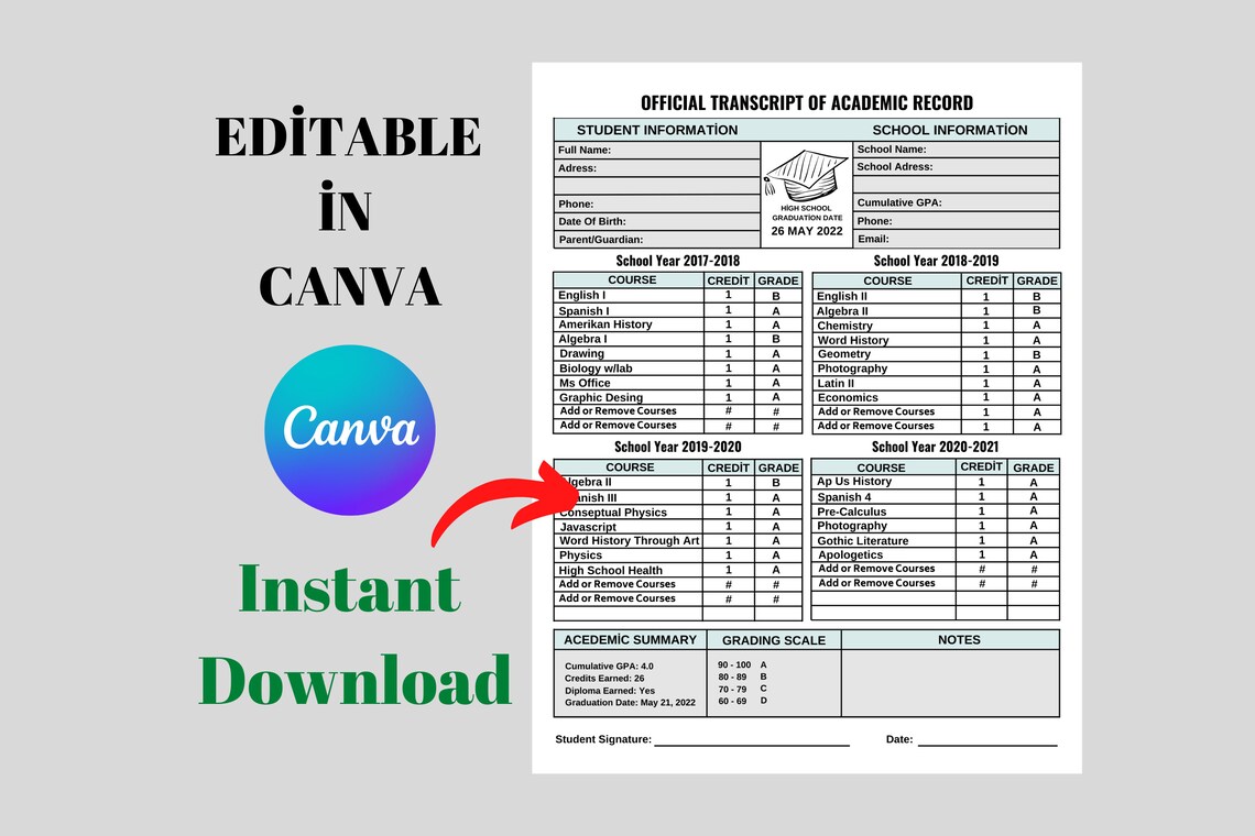 Printable Transcript Template Homeschool Transcript Official - Etsy