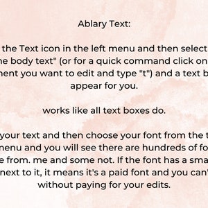 May include: Text instructions on a pink and white watercolor background. The text explains how to add and edit text in a document, including font selection and paid font indicators. The instructions are clear and concise, with a focus on user-friendly guidance.