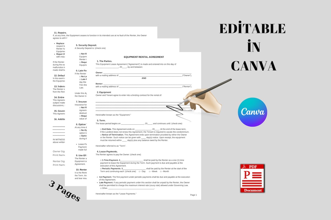 Printable Equipment Rental Agreement, Editable Wedding Event Table ...