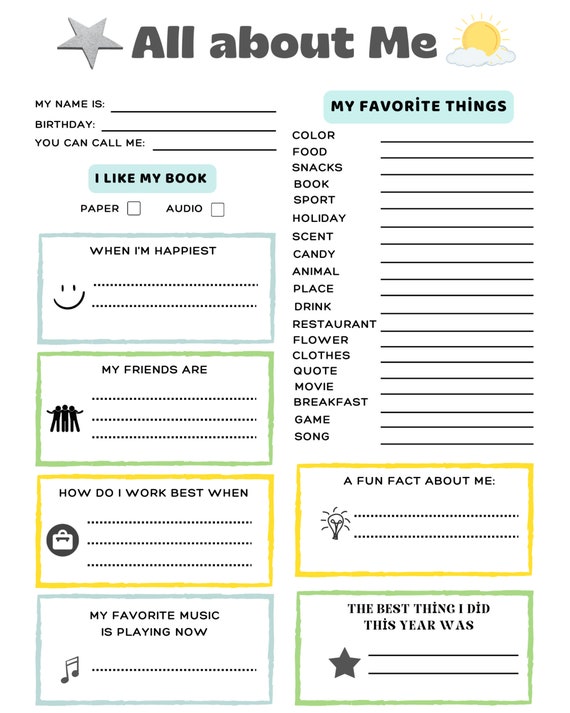 All About Me Questions Printable