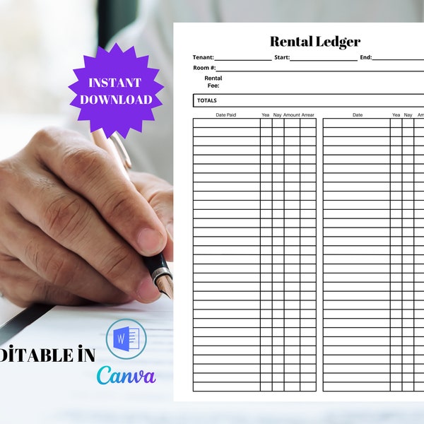 Rent Payment Ledger editable word, Rental Payment Tracker, Monthly Rent Payment Tracker PDF