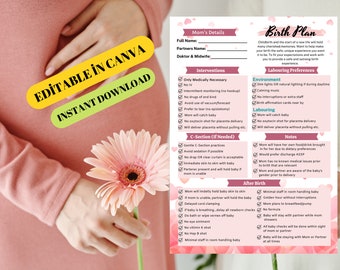 Printable Birth Plan Template: Editable Childbirth Preferences (CANVA)
