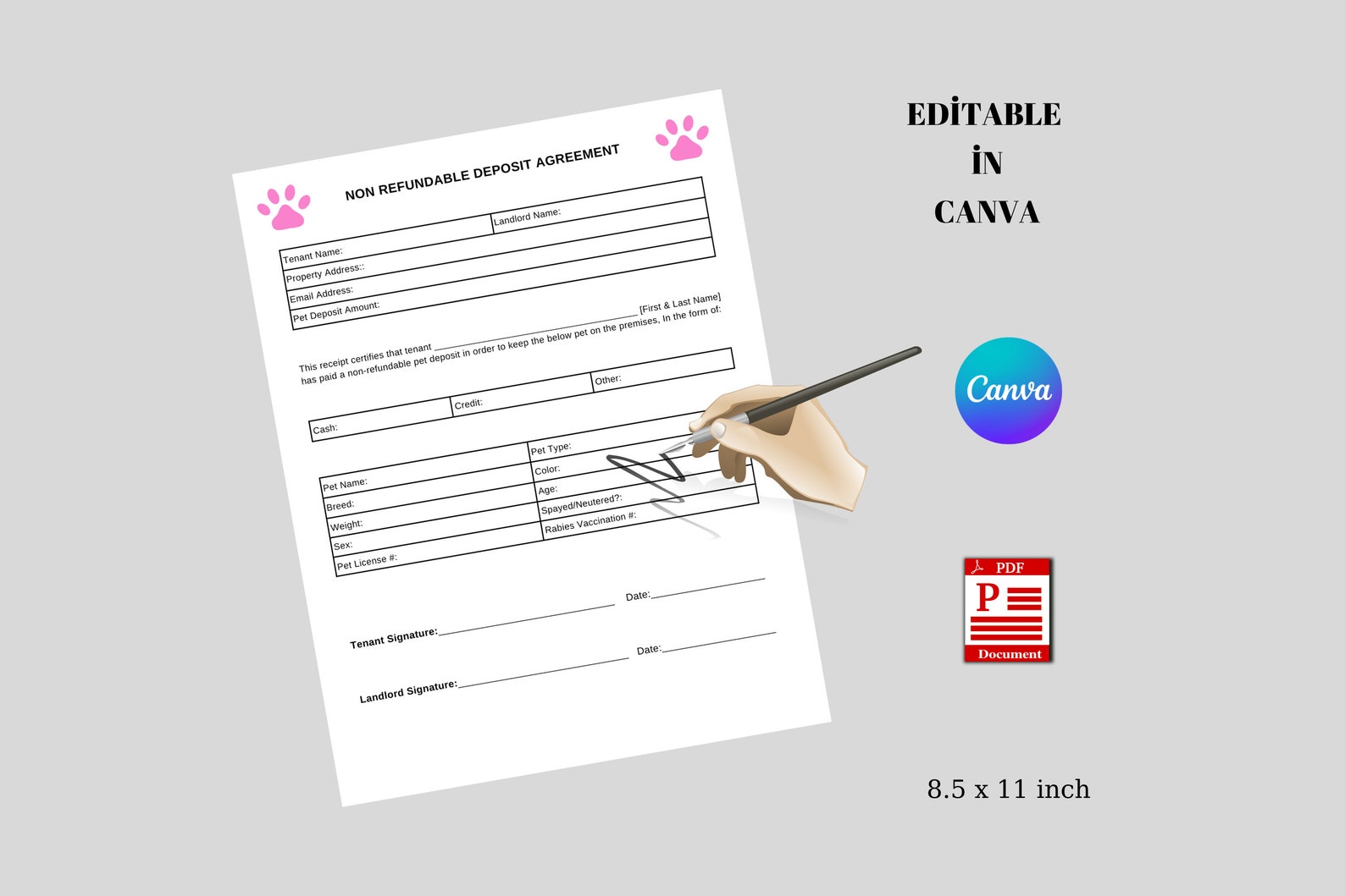 Printable Nonrefundable Pet Deposit for Breeders, Editable