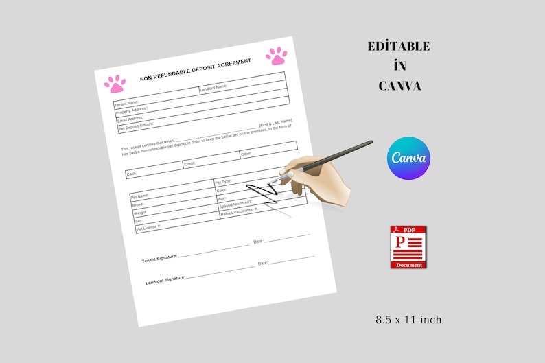 Printable Nonrefundable Pet Deposit for Breeders, Editable