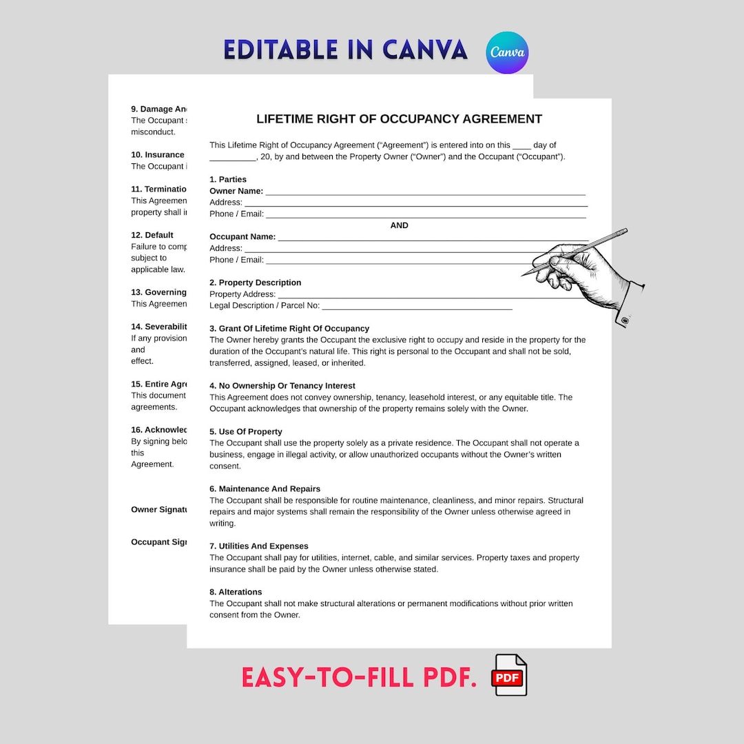 Life Rights Lifetime Right of Occupancy Agreement Template | Editable PDF - Etsy